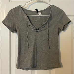 Gray tie front crop top